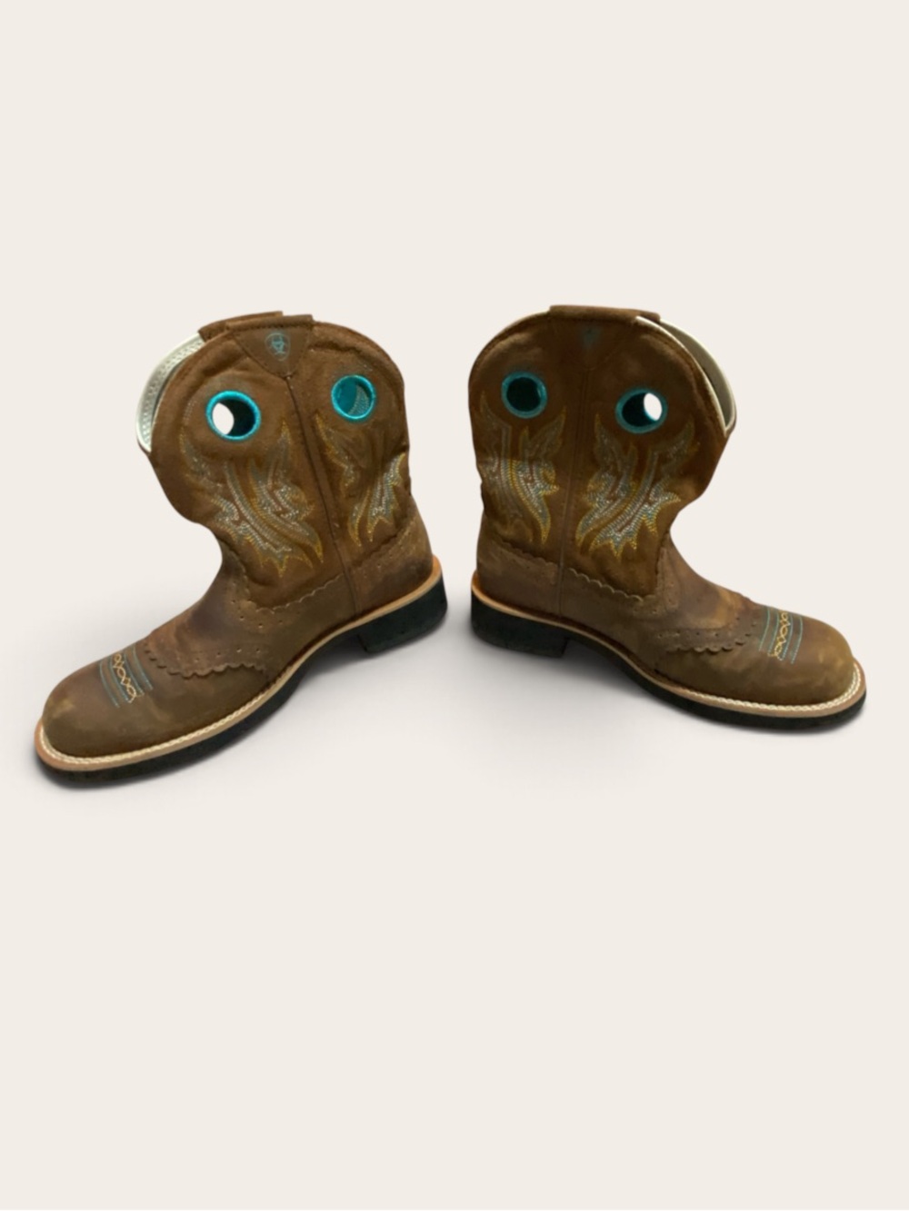 Ladies Ariat Fatbaby Cowgirl Brown Pull-On Boots with Teal Accent, 7.5 B Medium